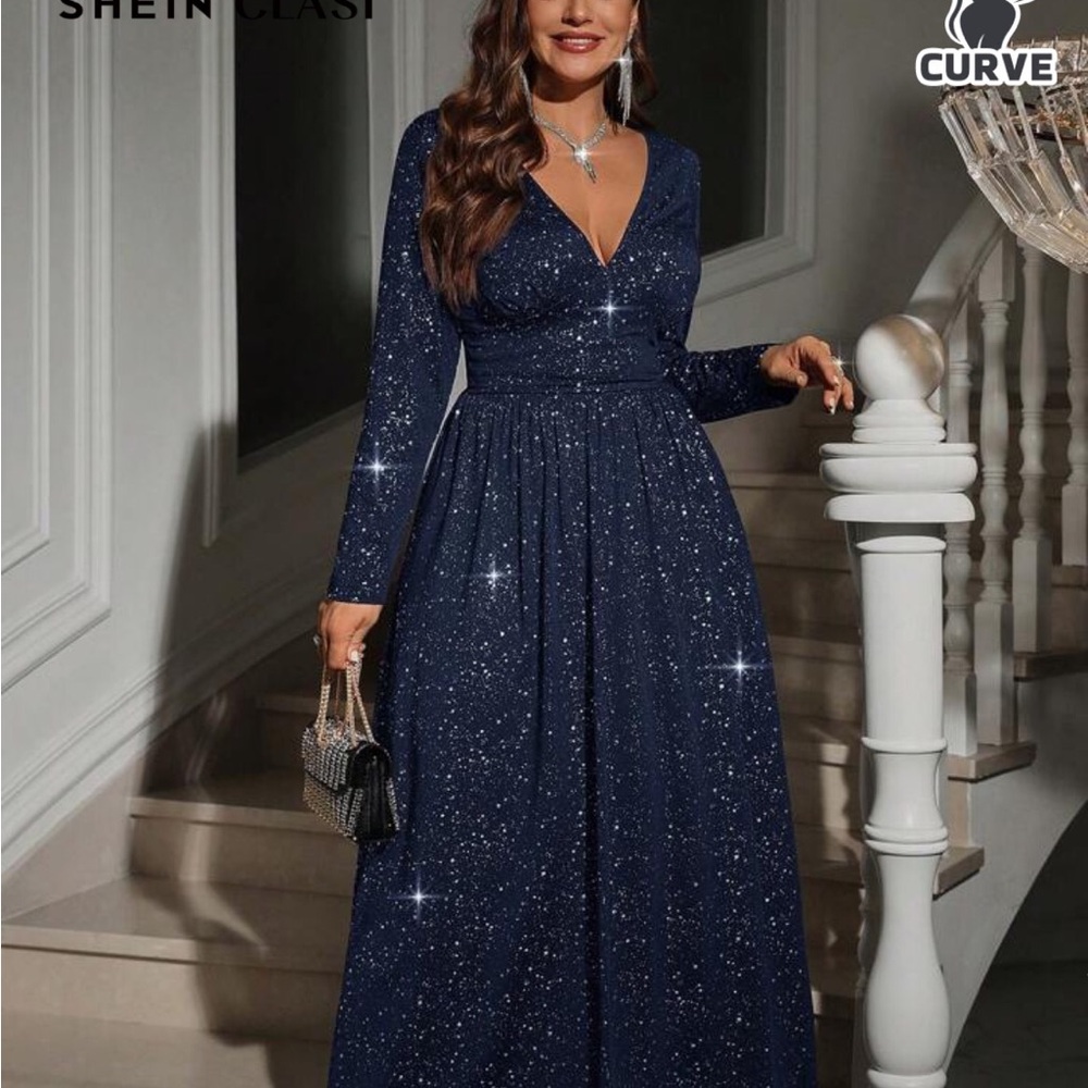 SHEIN Blue Sequin Long Sleeve Gown